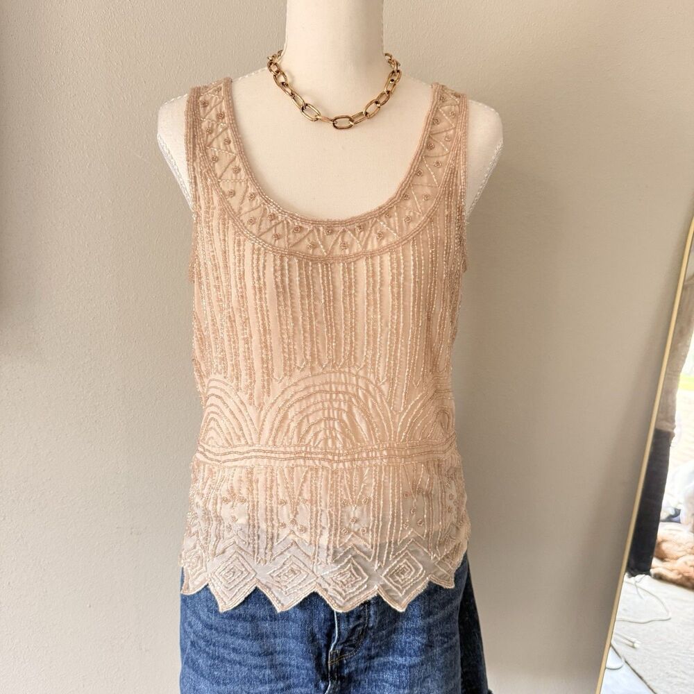 Beaded Pink Tank Boho Hippie Festival Fairycore Sheer Sleeveless Size Small